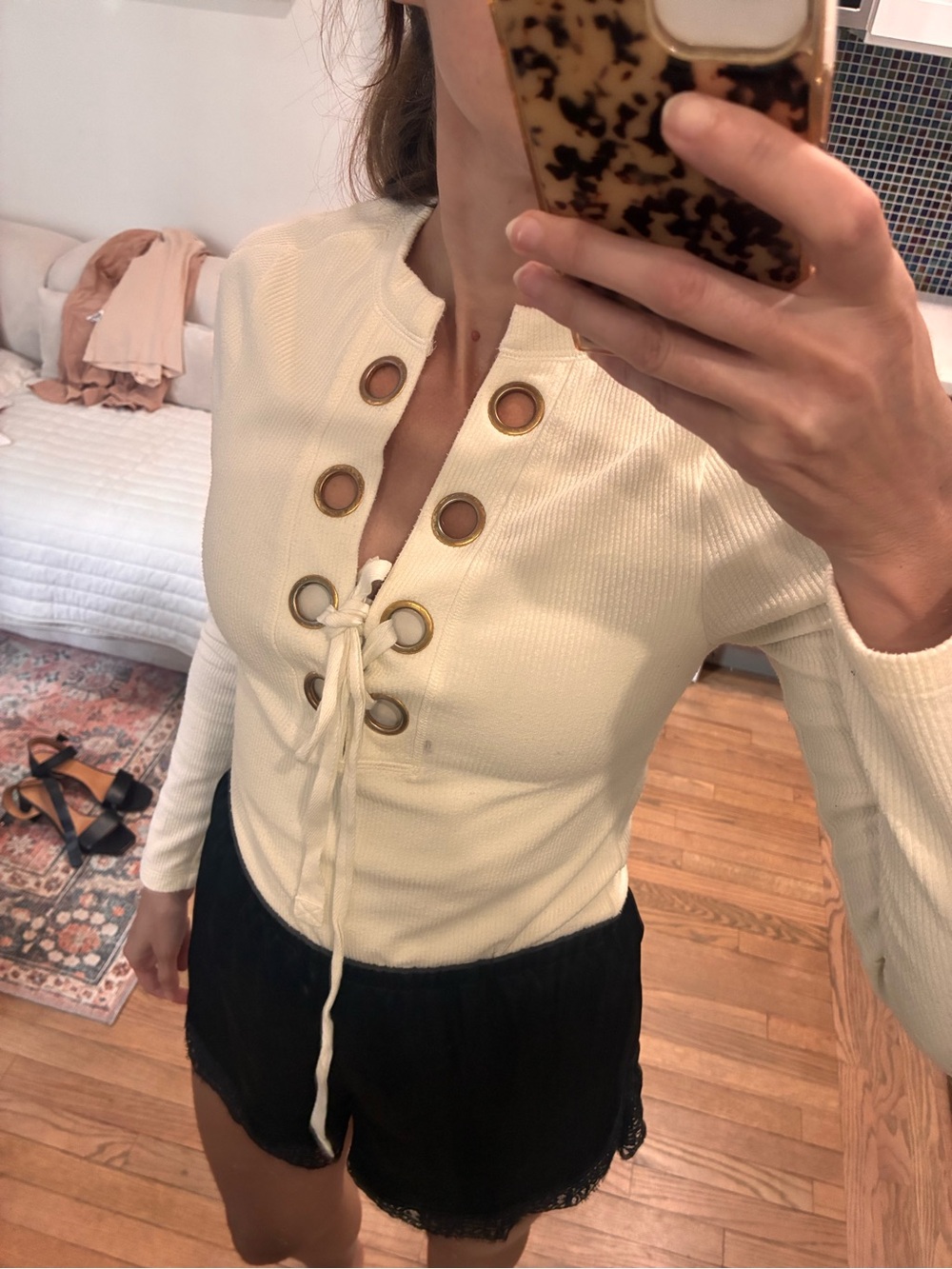 10 Crosby Derek Lam Cream Lace-Up Long Sleeve Top with Grommets